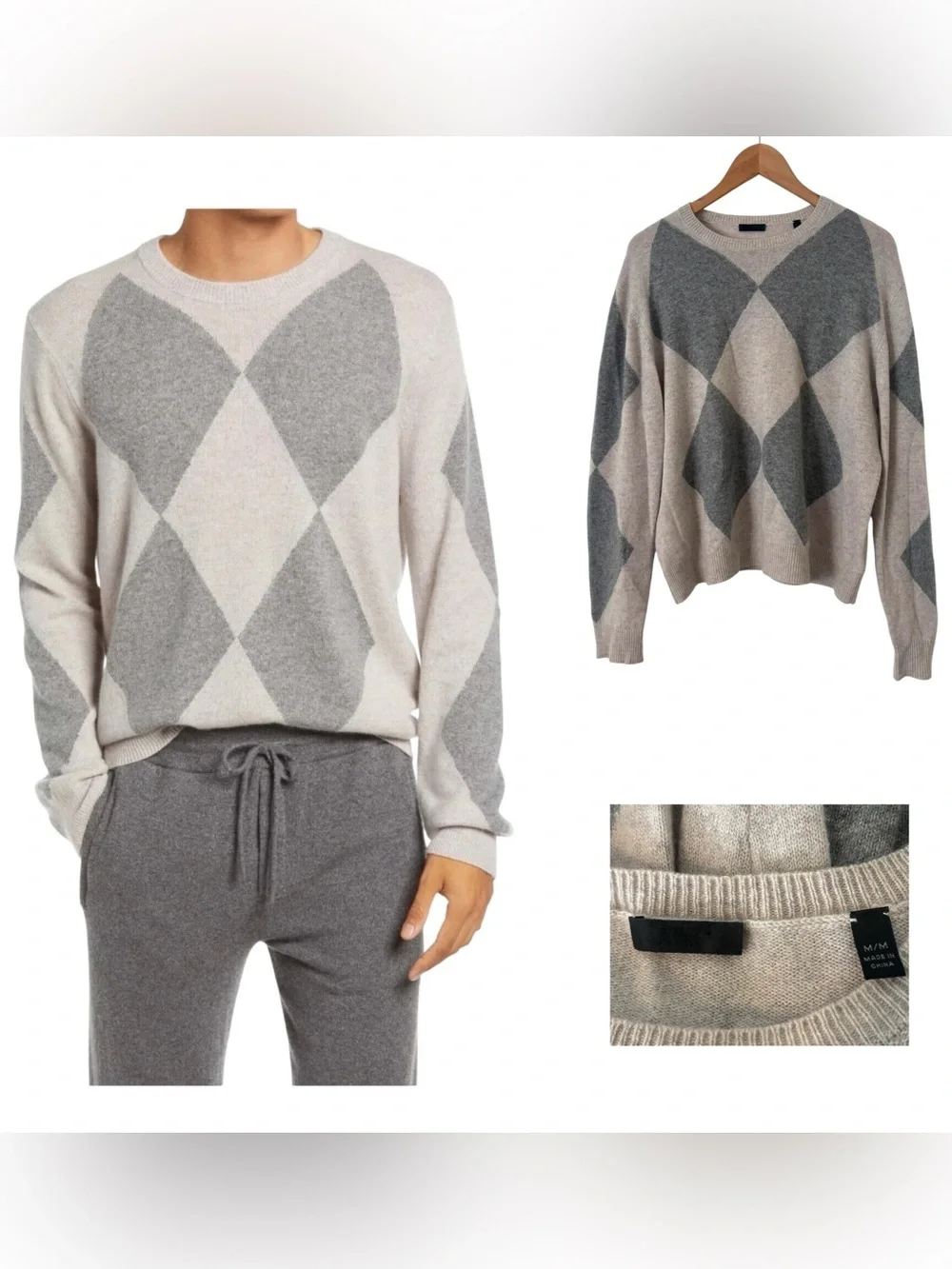 ATM Cashmere Argyle Crewneck Sweater